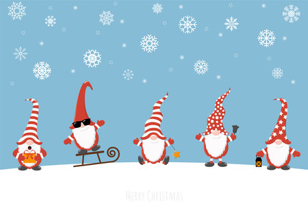 eps vector illustration with christmas gnomes having different characters for xmas and winter time concepts, falling snow flakes on blue colored backgroundのイラスト素材