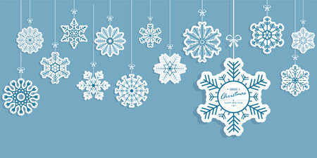 Eps vector panorama banner with different hanging snow stars colored white in front of colored background for christmas concepts with copy spaceのイラスト素材