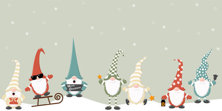 eps vector illustration with christmas gnomes having different characters for xmas and winter time concepts, falling snow flakes on green colored backgroundのイラスト素材