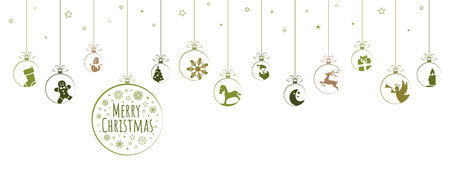 hanging baubles colored green with different abstract icons for christmas and winter time concepts and greetings for christmas and new yearのイラスト素材