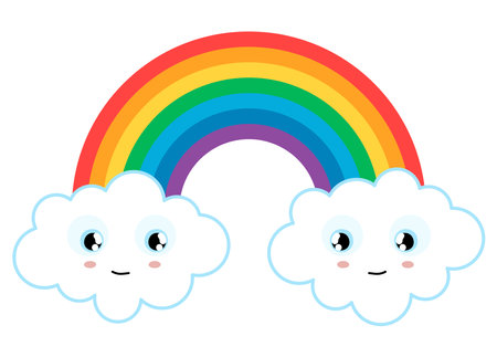 eps vector illustration with wonderful colored rainbow with white clouds with nice smiling faces at the endsのイラスト素材