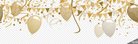 EPS 10 vector illustration of seamless colored happy garlands and balloons with streamers and confetti on background with transparency in vector file for wedding, sylvester party or sylvester template usageのイラスト素材