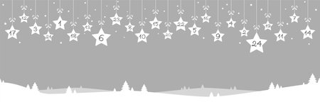 hanging christmas stars colored white with numbers 1 to 24 showing advent calendar for xmas and winter time concepts, nature background with fir trees and silver snowy sceneryのイラスト素材