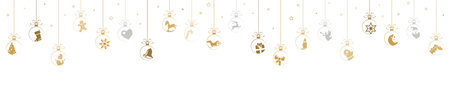 hanging baubles colored gold with different abstract icons for christmas and winter time concepts and greetings for christmas and New Yearのイラスト素材