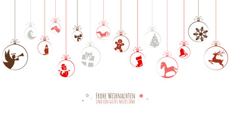 hanging baubles colored red with different abstract icons for christmas and winter time concepts and greetings for christmas and New Yearのイラスト素材