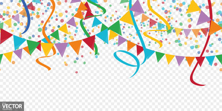EPS 10 illustration of seamless colored happy confetti, garlands and streamers on white background for carnival party or birthday template usage with transparency in vector fileのイラスト素材