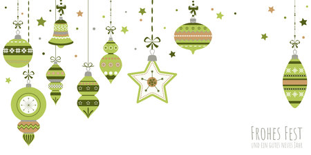 Eps vector illustration with different vintage elegant Christmas tree baubles with ornaments and festive decorations colored greenのイラスト素材