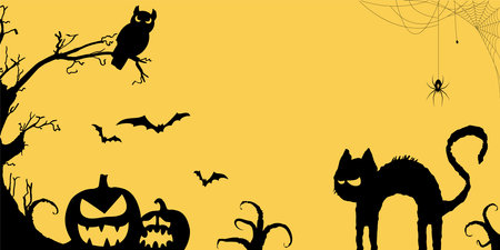 EPS 10 vector illustration with spooky cat with pumpkins, dead tree and owl, other scary illustrated elements for Halloween background layoutsのイラスト素材
