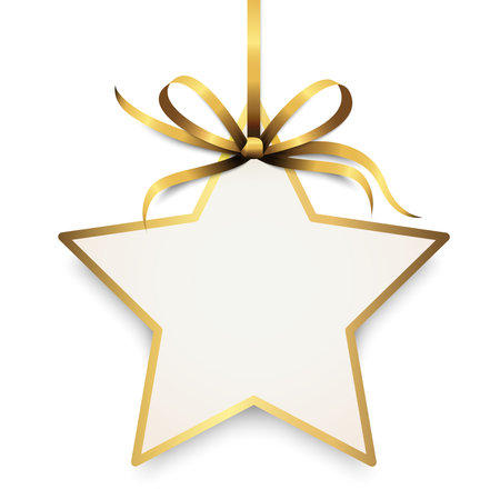 EPS 10 vector illustration of gold colored ribbon bow and gift ribbon with shape of a star pendant for Christmas greetings isolated on white backgroundのイラスト素材