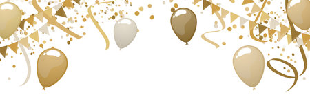 EPS 10 vector illustration of seamless golden colored happy garlands and balloons with streamers and confetti on white background for New Year's Eve or wedding usageのイラスト素材