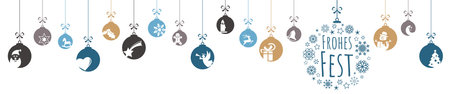 eps vector with hanging baubles colored blue with different abstract icons for Christmas and winter time concepts, big snow flake bauble with greetings for xmas time (text in german)のイラスト素材