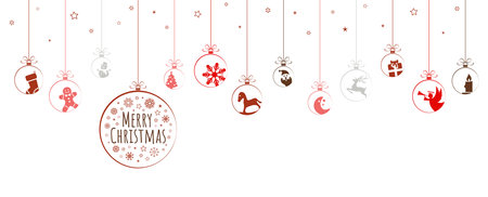 hanging baubles colored red with different abstract icons for christmas and winter time concepts and greetings for christmas and New Yearのイラスト素材