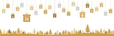 hanging christmas presents colored gold with numbers 1 to 24 showing advent calendar for xmas and winter time concepts, golden nature background with fir trees and christmas symbolsのイラスト素材