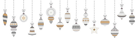 Eps vector illustration with different vintage elegant christmas tree baubles with ornaments and festive decorations colored silverのイラスト素材