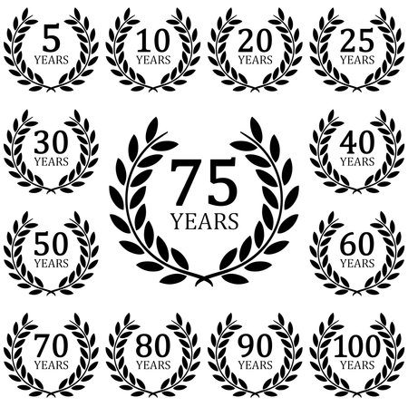 Eps vector file with black laurel wreath collection on white background for success or company anniversary with text 5 to 100 yearsのイラスト素材