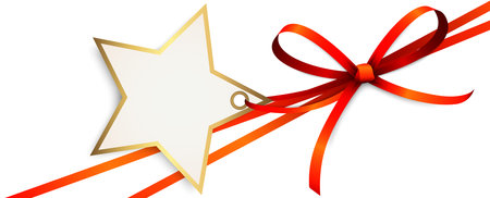 EPS 10 vector illustration of red colored ribbon bow and gift ribbon with shape of a golden star pendant for Christmas greetings isolated on white backgroundのイラスト素材