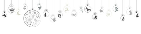 hanging baubles colored gray with different abstract icons for Christmas and winter time concepts and greetings for Christmas and New Yearのイラスト素材