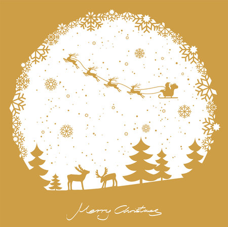 EPS 10 vector file showing round snow flake window Christmastime background with typical xmas elements, fall of snow and colored background with flying Santa and his reindeerのイラスト素材