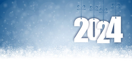 EPS 10 panorama banner background with snow fall, light effects and greetings for Christmas and New Year 2024のイラスト素材