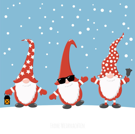 eps vector illustration with christmas gnomes having different characters for xmas and winter time concepts, falling snow flakes on blue colored backgroundのイラスト素材