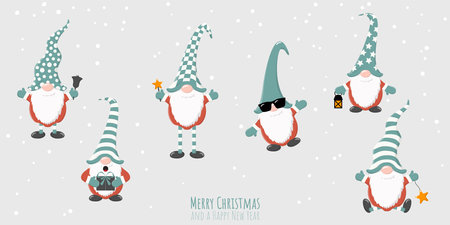 eps vector illustration with Christmas gnomes having different characters for xmas and winter time concepts, falling snow flakes on gray colored backgroundのイラスト素材