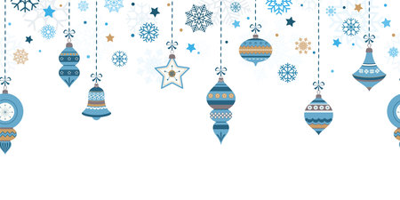 eps vector illustration with different vintage elegant Christmas tree baubles with ornaments and festive decorations colored blueのイラスト素材