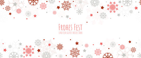 EPS 10 vector background file showing Christmas time snow flakes falling on upper and lower side with xmas and new year greetings (german text) colored red and whiteのイラスト素材