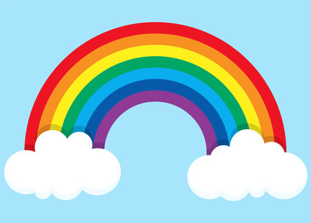 eps vector illustration showing wonderful colored rainbow with white clouds at the ends and blue backgroundのイラスト素材