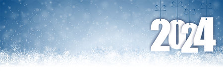 EPS 10 panorama banner background with snow fall, light effects and greetings for Christmas and New Year 2024のイラスト素材