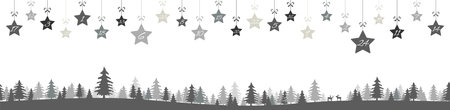 hanging christmas stars colored gray with numbers 1 to 24 showing advent calendar for xmas and winter time concepts, gray nature background with fir trees and christmas symbolsのイラスト素材