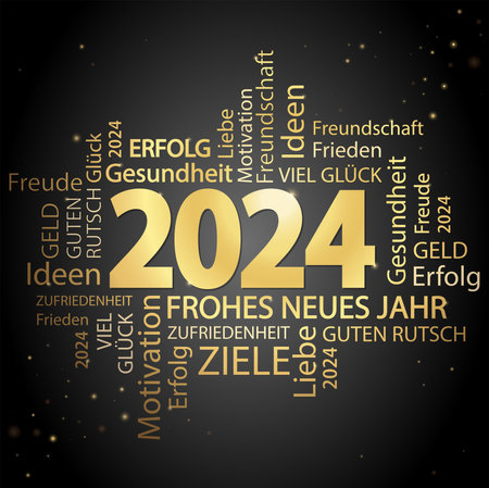 Eps vector file with golden word cloud with New Year 2024 greetings and black backgroundのイラスト素材