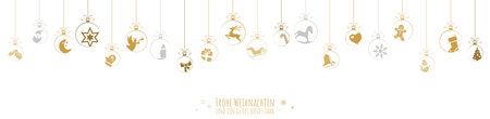 Hanging baubles colored gold with different abstract icons for Christmas and winter time concepts and greetings for Christmas and New Yearのイラスト素材