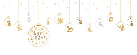 Hanging baubles colored gold with different abstract icons for Christmas and winter time concepts and greetings for Christmas and New Yearのイラスト素材