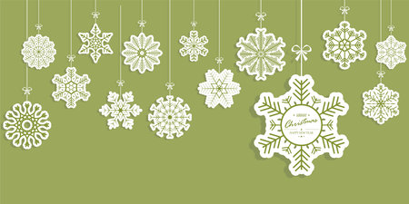 eps vector panorama banner with different hanging snow stars colored white in front of colored background for Christmas concepts with copy spaceのイラスト素材