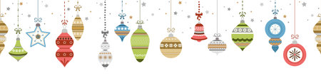 eps endless vector illustration with different vintage elegant Christmas tree baubles with ornaments and festive decorations in various colorsのイラスト素材