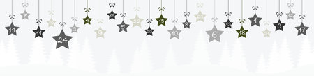 hanging christmas stars colored silver with numbers 1 to 24 showing advent calendar for xmas and winter time concepts, nature background with fir trees and snowy sceneryのイラスト素材