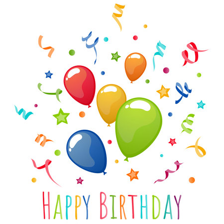 eps vector illustration of different colored flying balloons, streamers, confetti and stars exploding, text happy birthday, use for party advertising templatesのイラスト素材