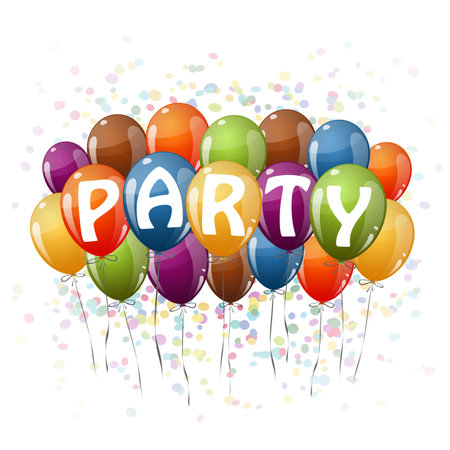 flying colored balloons with ribbons, confetti and text Partyのイラスト素材