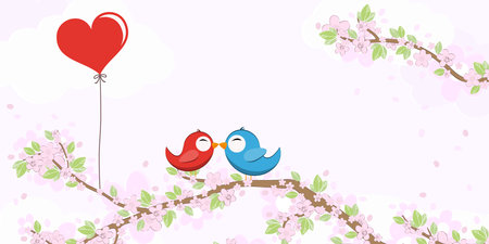 eps vector file with red and blue colored birds in love, kissing and sitting on branches with blossoms and green leaves in spring time, background with sky and light cloudsのイラスト素材