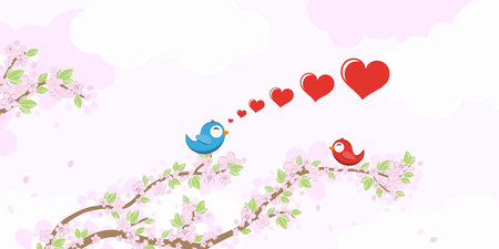 eps vector file with red and blue colored birds in love, flying and sitting on branches with blossoms and green leaves in spring time, background with sky and light cloudsのイラスト素材