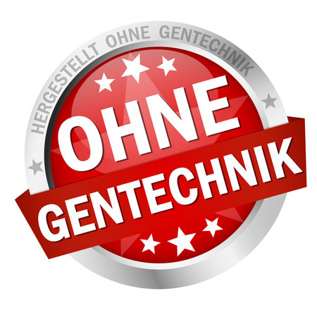 EPS 10 vector with round colored button with banner and text without genetic engineering (in german)のイラスト素材