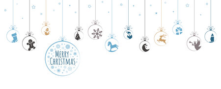 Hanging baubles colored blue with different abstract icons for Christmas and winter time concepts and greetings for Christmas and New Yearのイラスト素材