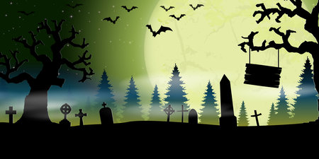 eps vector cemetery in front of woodlands and full moon with wooden hanging sign and space for text and other elements for Halloween background layoutsのイラスト素材