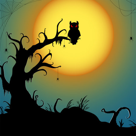 eps vector file, spooky dark owl sitting on a dead tree in front of a full moon with other scary illustrated elements for Halloween party background layoutsのイラスト素材