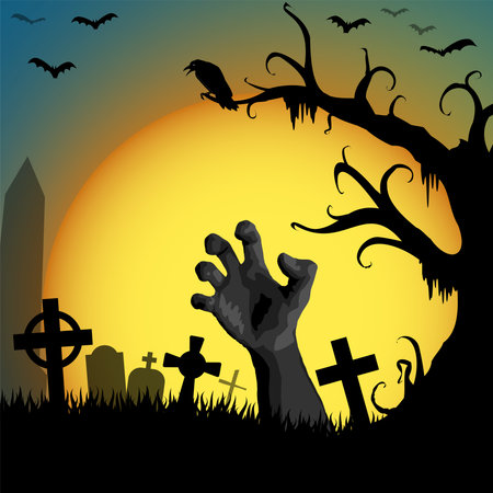 Zombie hand in front of full moon with scary illustrated graveyard elements for Halloween background layoutsのイラスト素材