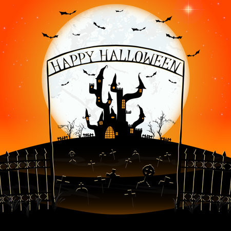 dark castle and cemetery in front of full moon with fence and archway with "Happy Halloween" letters and other scary illustrated elements for Halloween background layoutsのイラスト素材