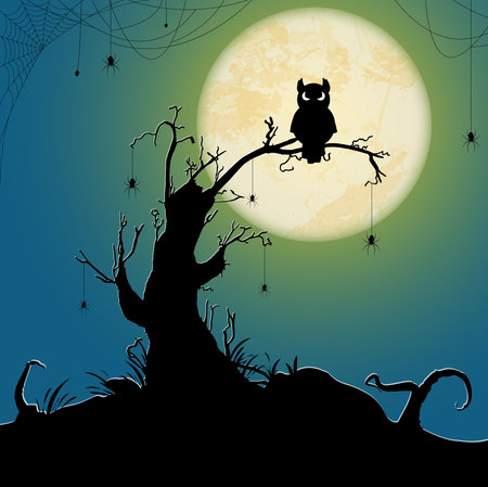 spooky dark owl sitting on a dead tree in front of a full moon with other scary illustrated elements for Halloween party background layoutsのイラスト素材