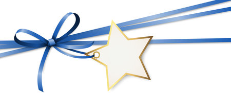 EPS 10 vector illustration of blue colored ribbon bow and gift ribbon with shape of a golden star pendant for Christmas greetings isolated on white backgroundのイラスト素材