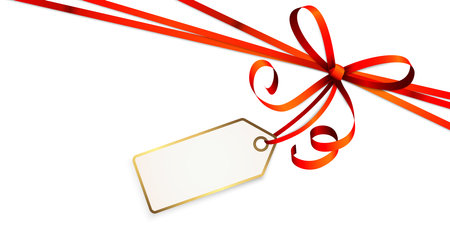 EPS 10 vector illustration of red colored ribbon bow and gift ribbon with pendant isolated on white backgroundのイラスト素材
