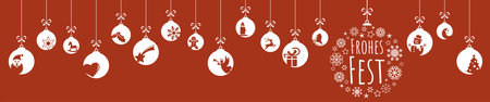 eps vector with hanging baubles colored white on colored background with different abstract icons for Christmas and winter time concepts, big snow flake bauble with greetings for xmas time (text in german)のイラスト素材